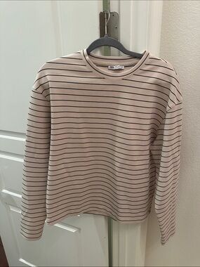 Zara Tan and Black Striped Crewneck Sweater